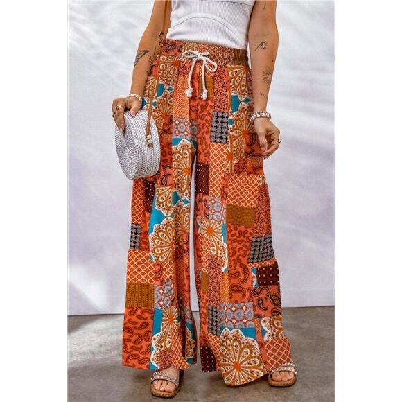 Full Size Drawstring Printed Wide Leg Pants - Picture 4 of 15